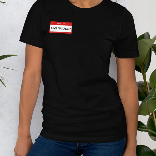 Black t-shirt with a name tag design.