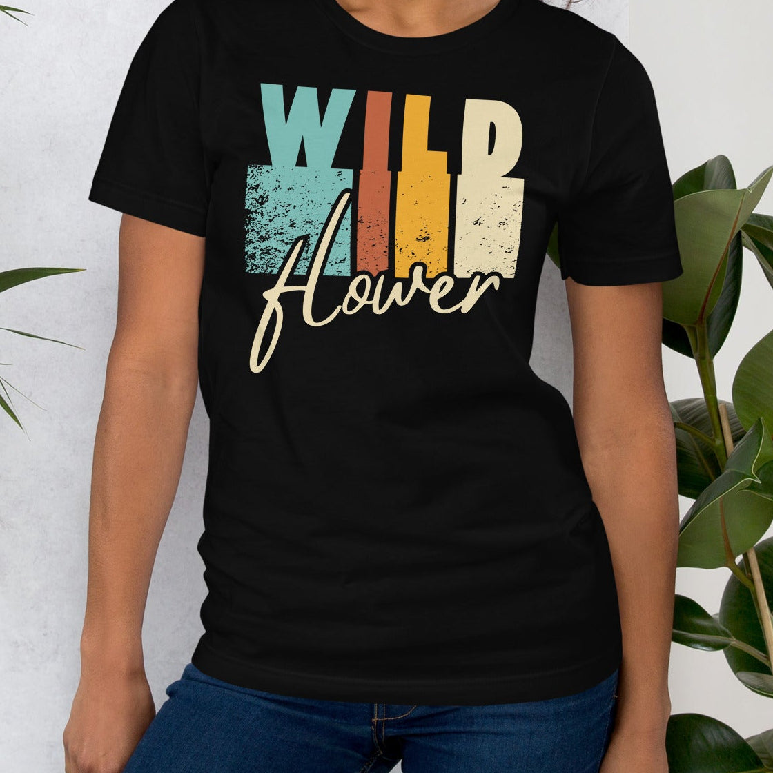 Black t-shirt with 'Wild Flower' design.