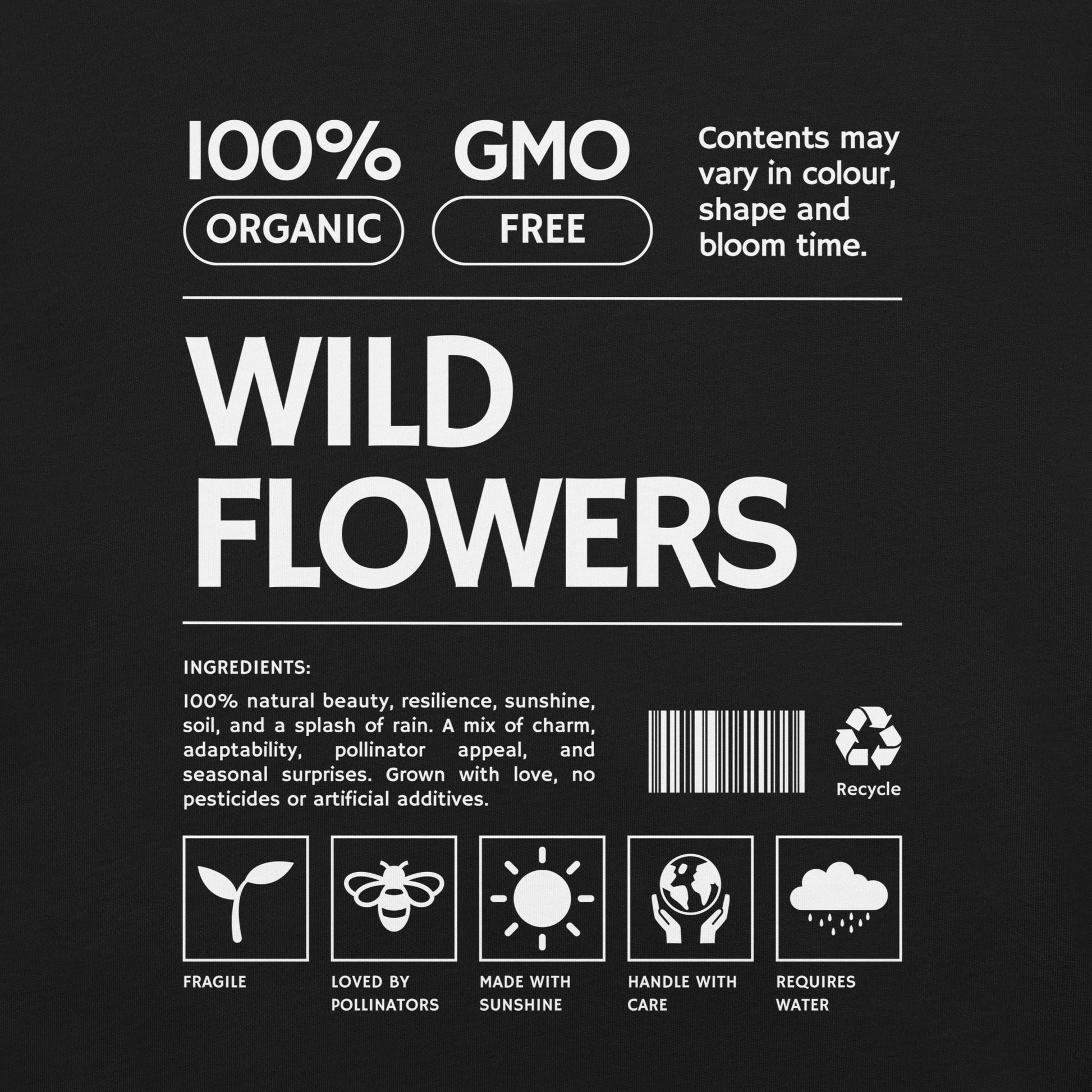 Black t-shirt with 'Wild Flowers' text and label graphics.