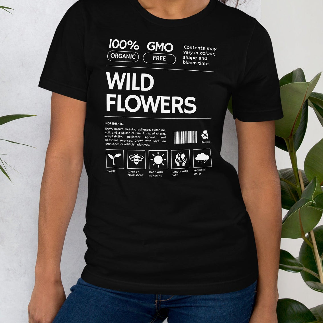 Black t-shirt with 'Wild Flowers' text and graphics.