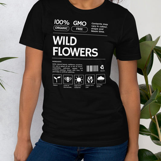 Black t-shirt with 'Wild Flowers' text and graphics.