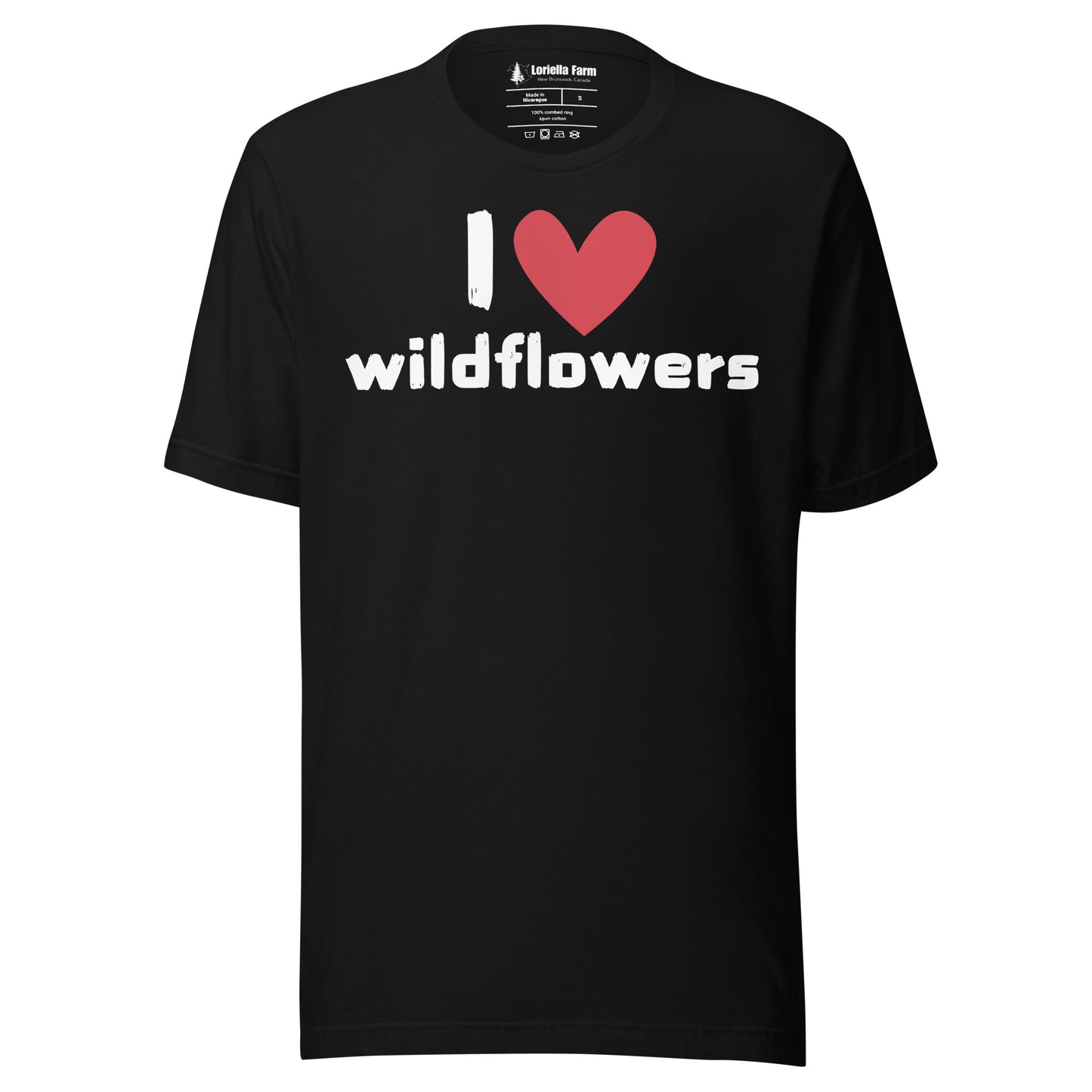 Black t-shirt with 'I ❤️ wildflowers' text.