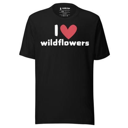 Black t-shirt with 'I ❤️ wildflowers' text.