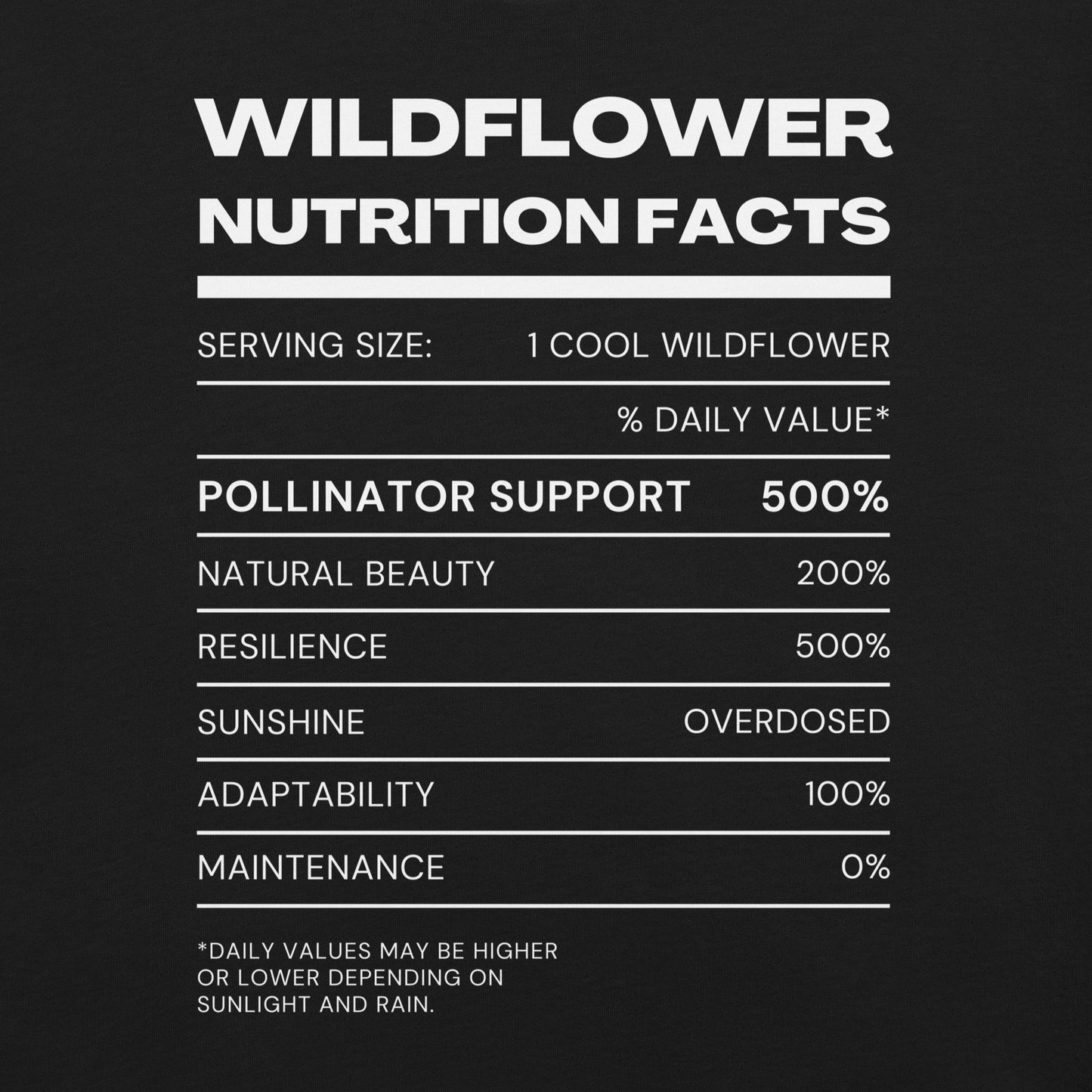 Black t-shirt with nutrition facts label for wildflowers.