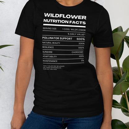 Black t-shirt with 'Wildflower Nutrition Facts' text.