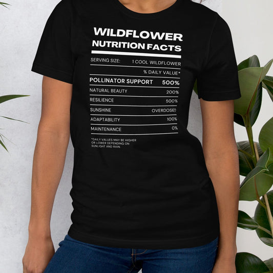 Black t-shirt with 'Wildflower Nutrition Facts' text.