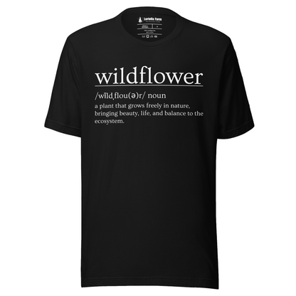 Black t-shirt with definition of 'wildflower'.