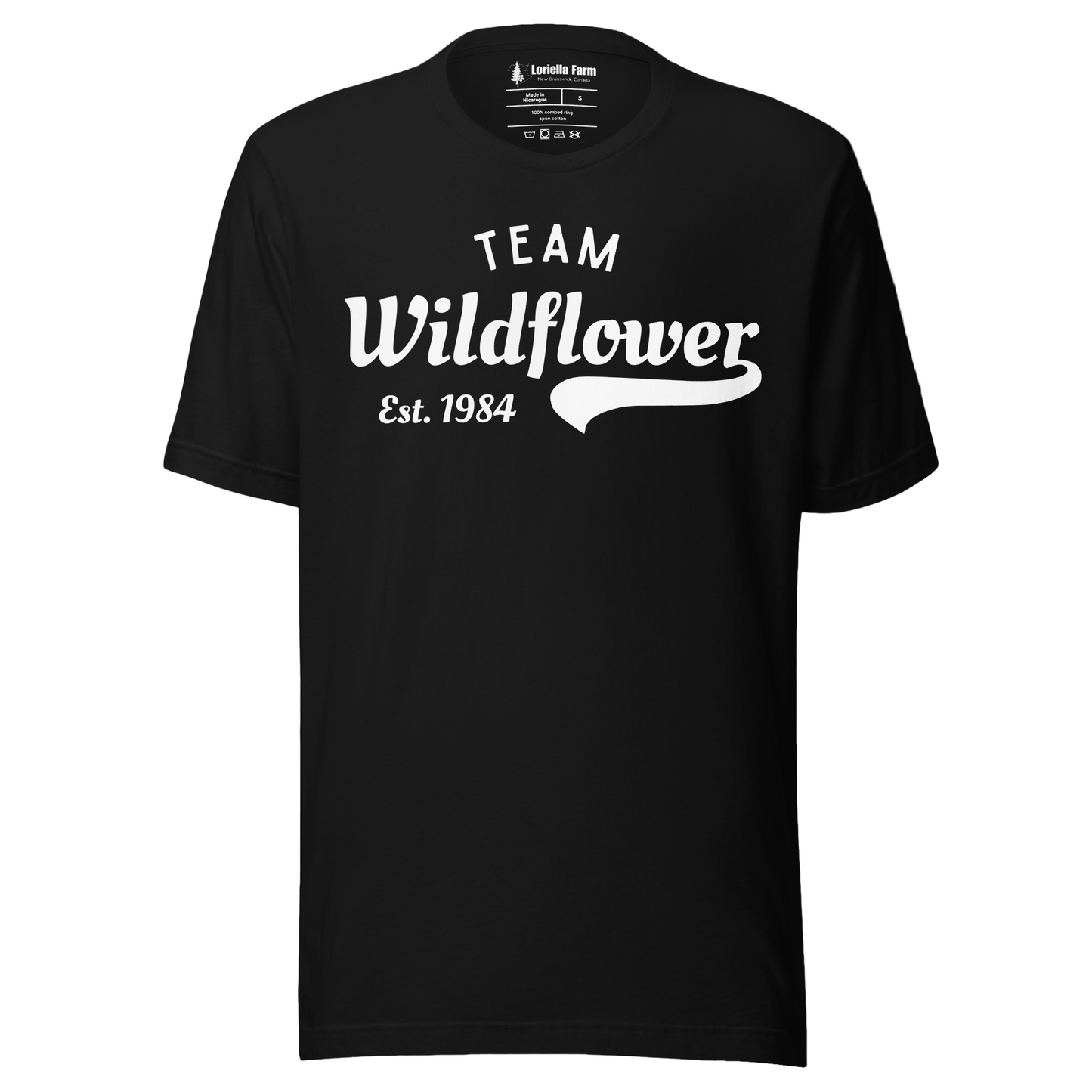 Black t-shirt with 'Team Wildflower Est. 1984' text.