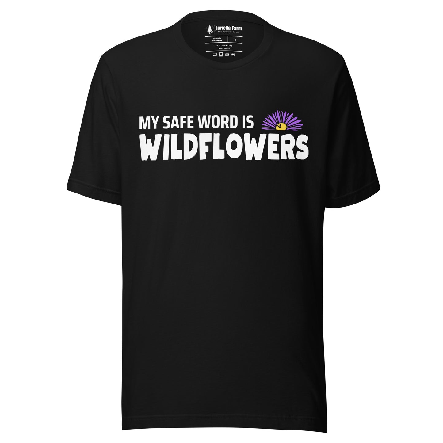 Black t-shirt with 'MY SAFE WORD IS WILDFLOWERS' text.