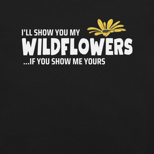 Black t-shirt with text and flower graphic.