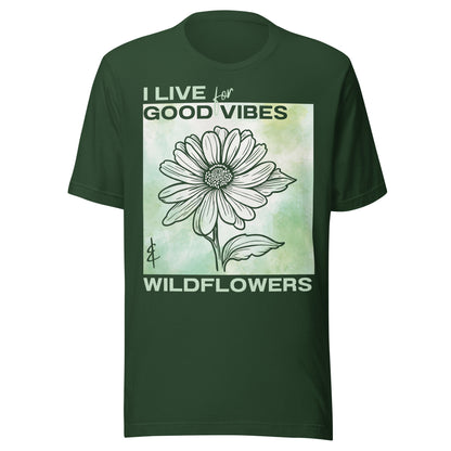Forest green t-shirt with a flower graphic and text.