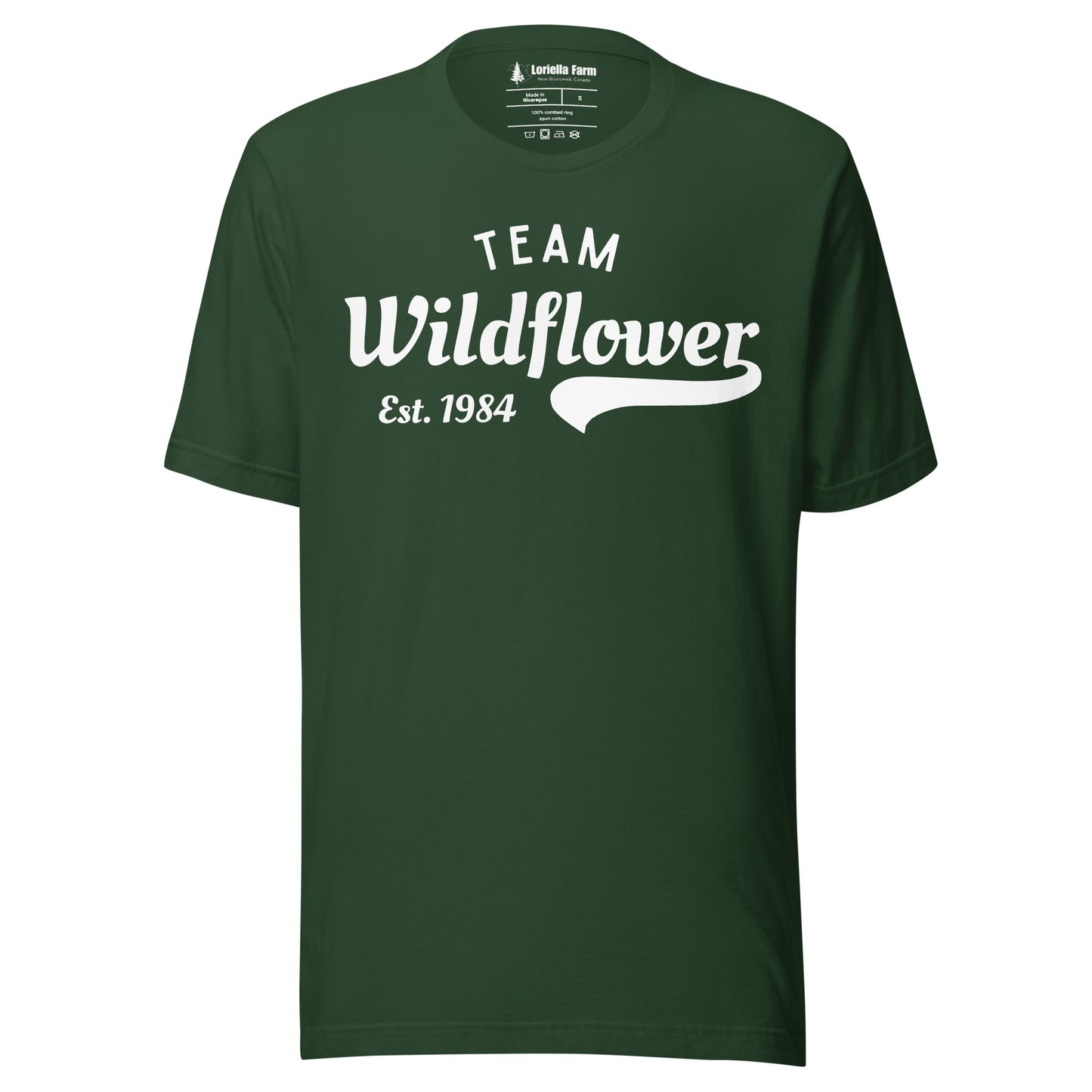 Forest green t-shirt with 'Team Wildflower Est. 1984' text.