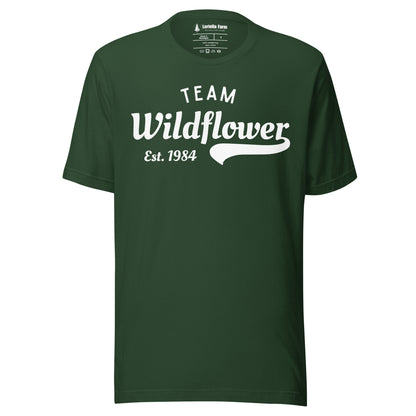 Forest green t-shirt with 'Team Wildflower Est. 1984' text.