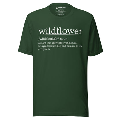 Forest green t-shirt with definition of 'wildflower'.