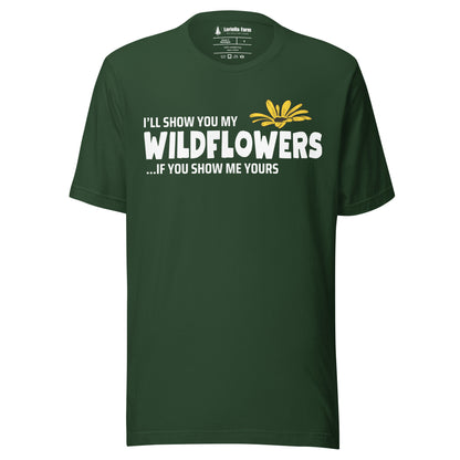 Forest green t-shirt with text and flower graphic.