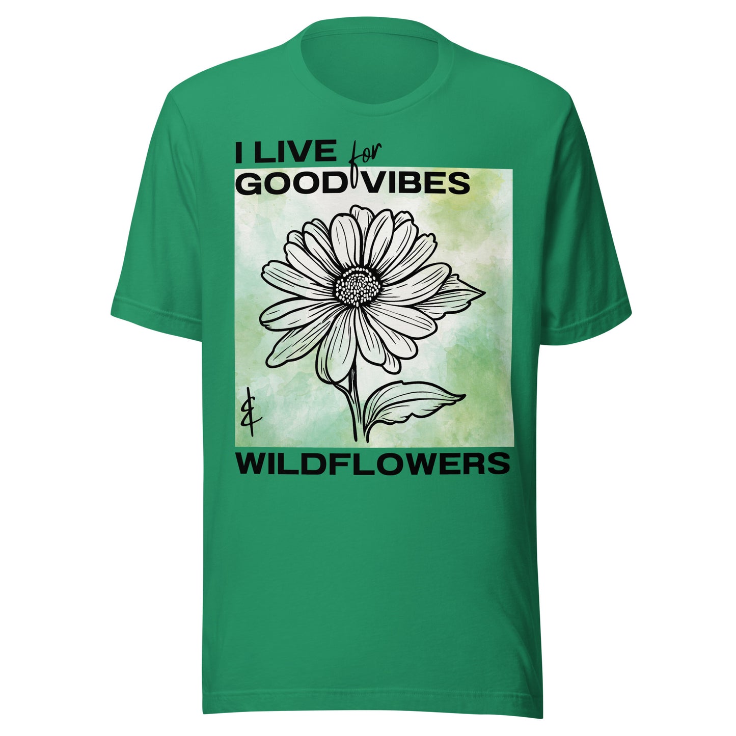 Kelly t-shirt with a flower graphic and text.