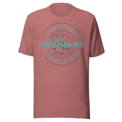 Mauve t-shirt with 'Certified Wildflower Enthusiast' text and floral design.