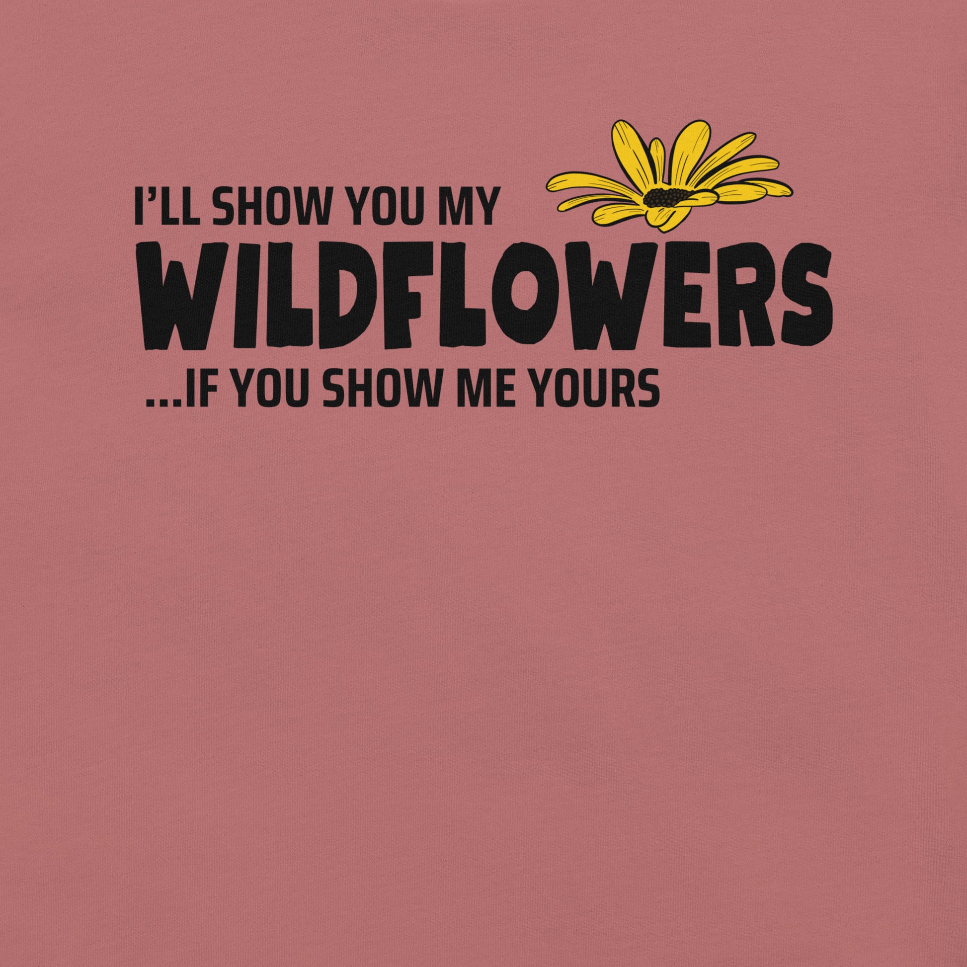 Mauve t-shirt with text and flower graphic.
