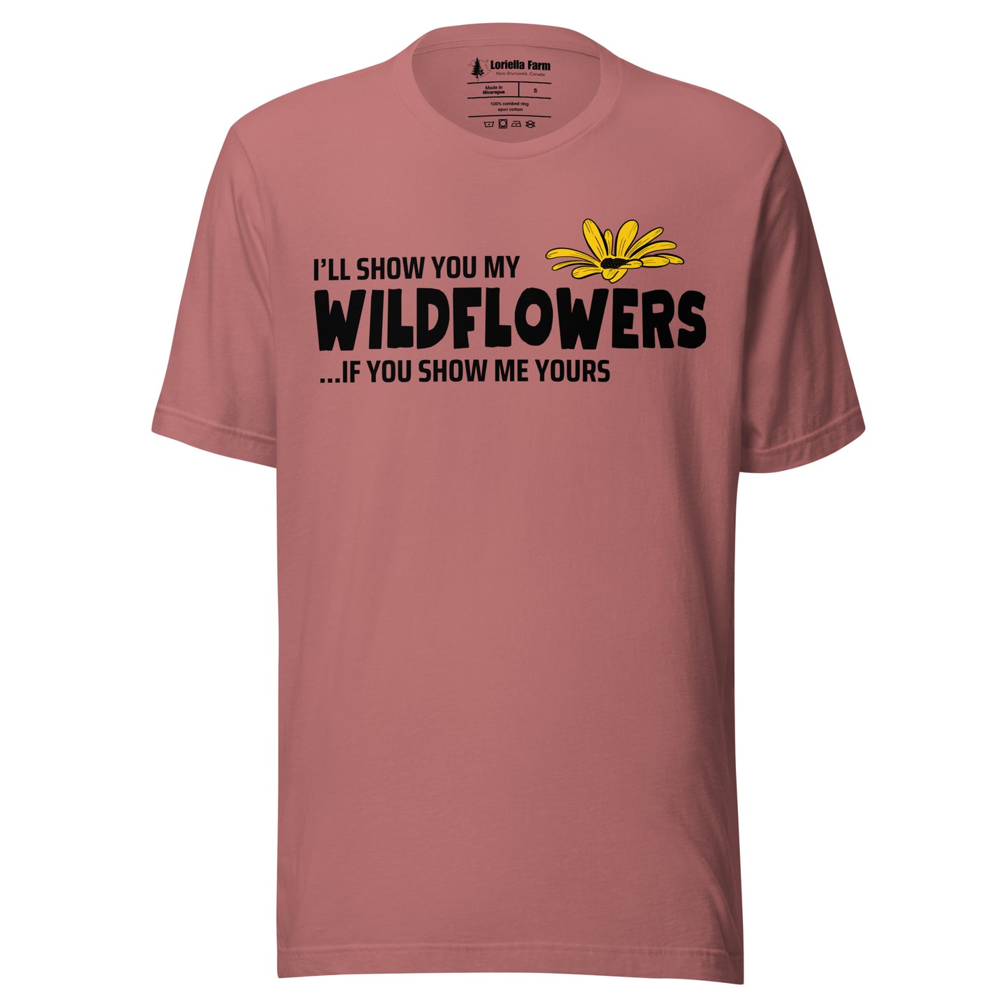 Mauve t-shirt with text and flower graphic.