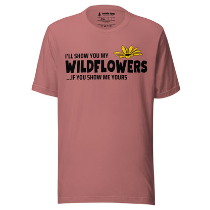 Mauve t-shirt with text and flower graphic.