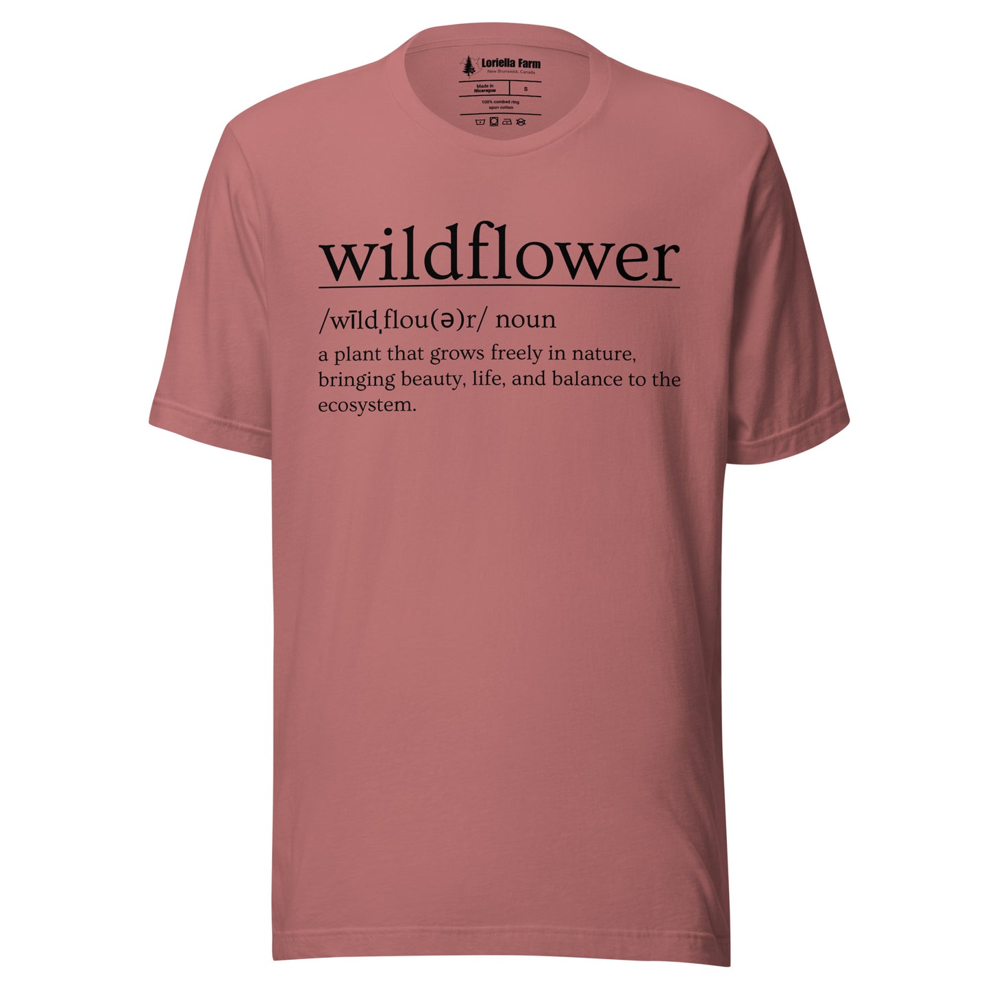 Mauve t-shirt with definition of 'wildflower'.