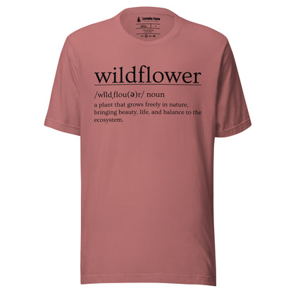 Mauve t-shirt with definition of 'wildflower'.