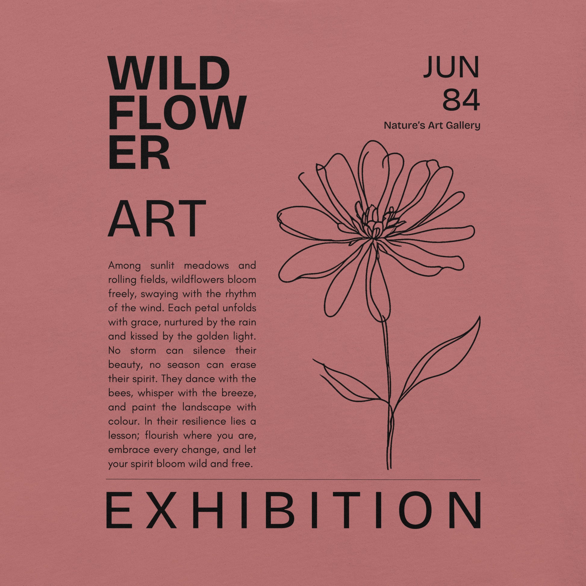 Mauve t-shirt with 'Wildflower Art Exhibition' design.