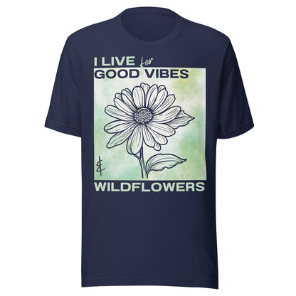 Navy blue t-shirt with a flower graphic and text.
