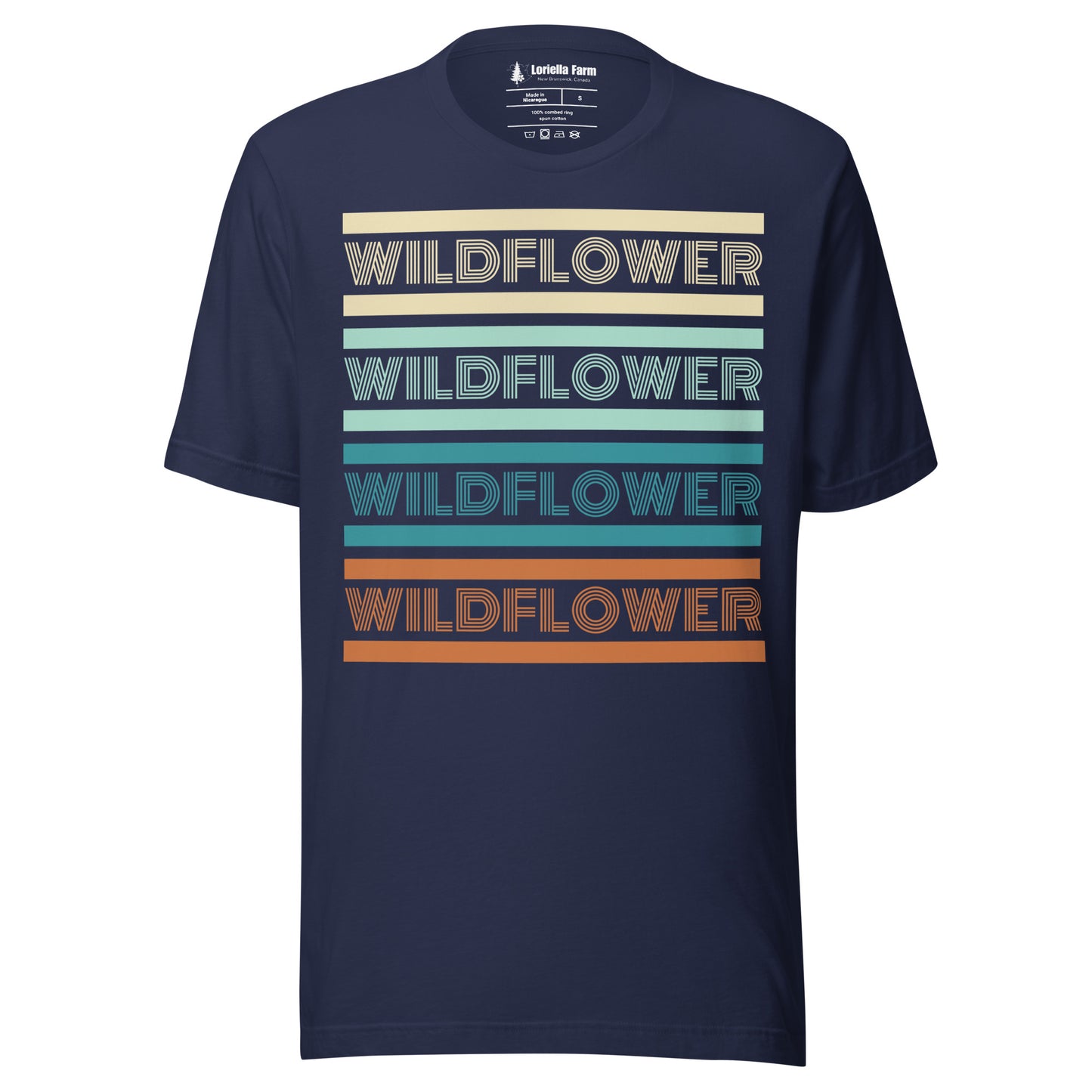 Navy t-shirt with 'Wildflower' text in multiple colors.