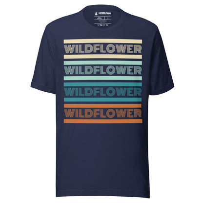 Navy t-shirt with 'Wildflower' text in multiple colors.
