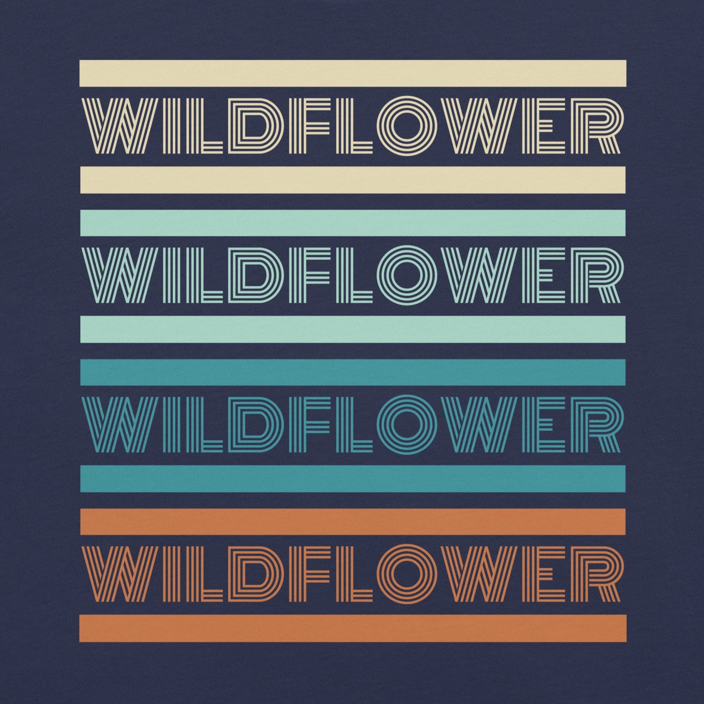 Navy t-shirt with 'WILDFLOWER' text in colorful stripes.