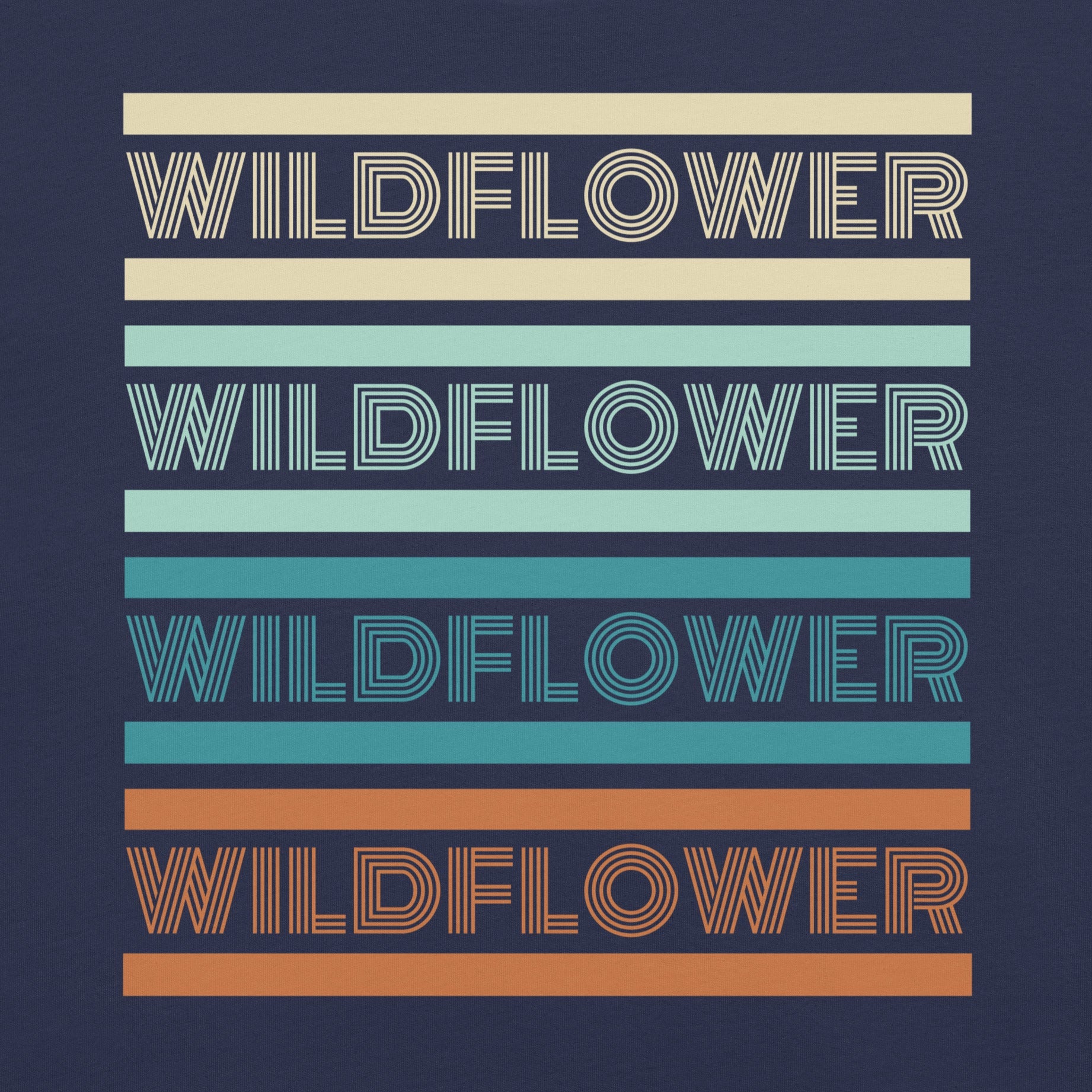 Navy t-shirt with 'WILDFLOWER' text in colorful stripes.