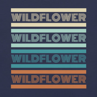 Navy t-shirt with 'WILDFLOWER' text in colorful stripes.