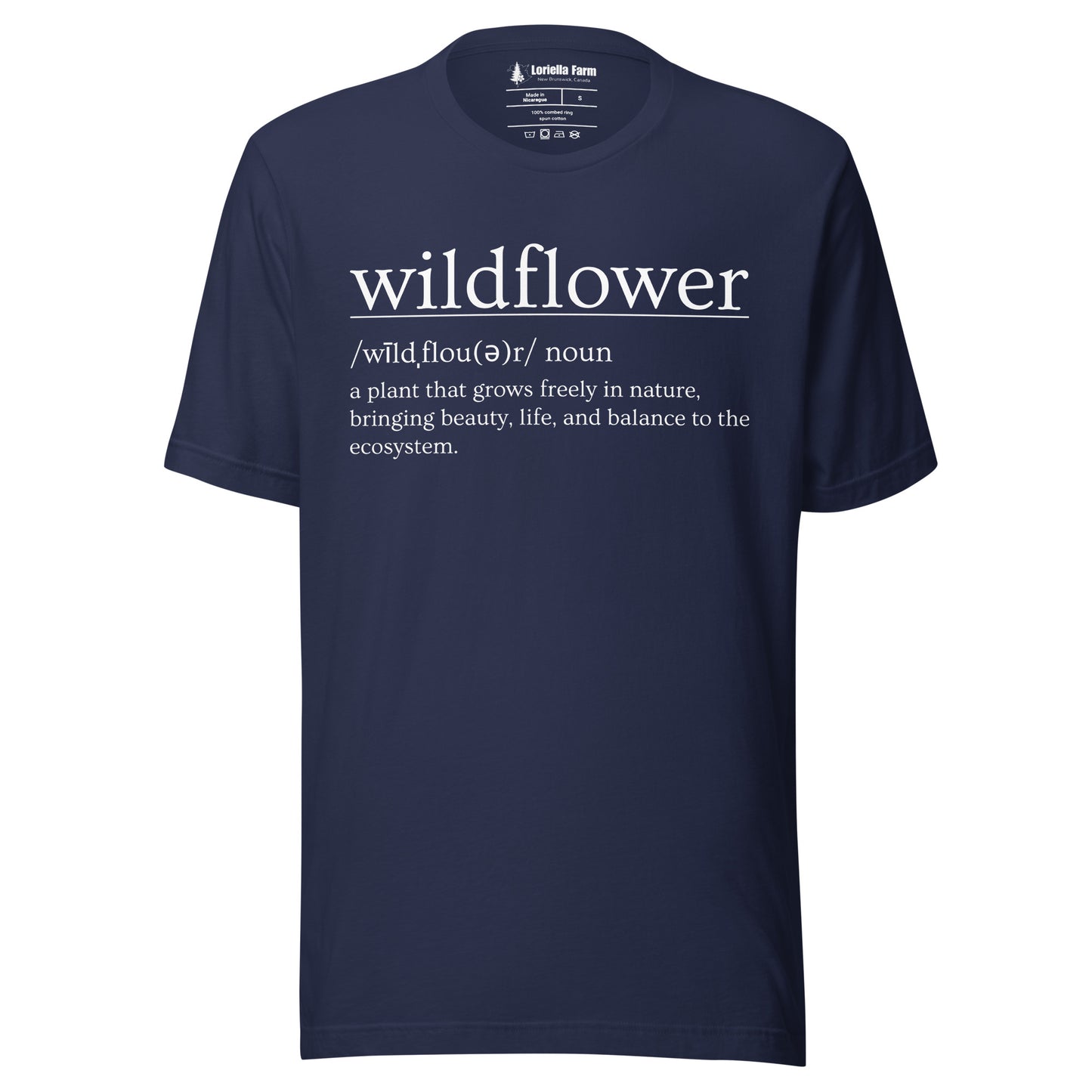Navy t-shirt with definition of 'wildflower'.