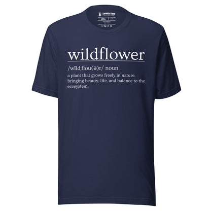 Navy t-shirt with definition of 'wildflower'.