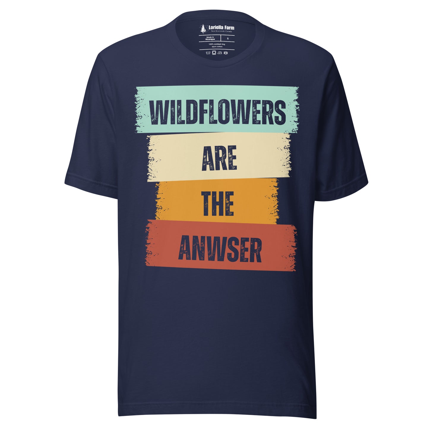 Navy t-shirt with colorful text.
