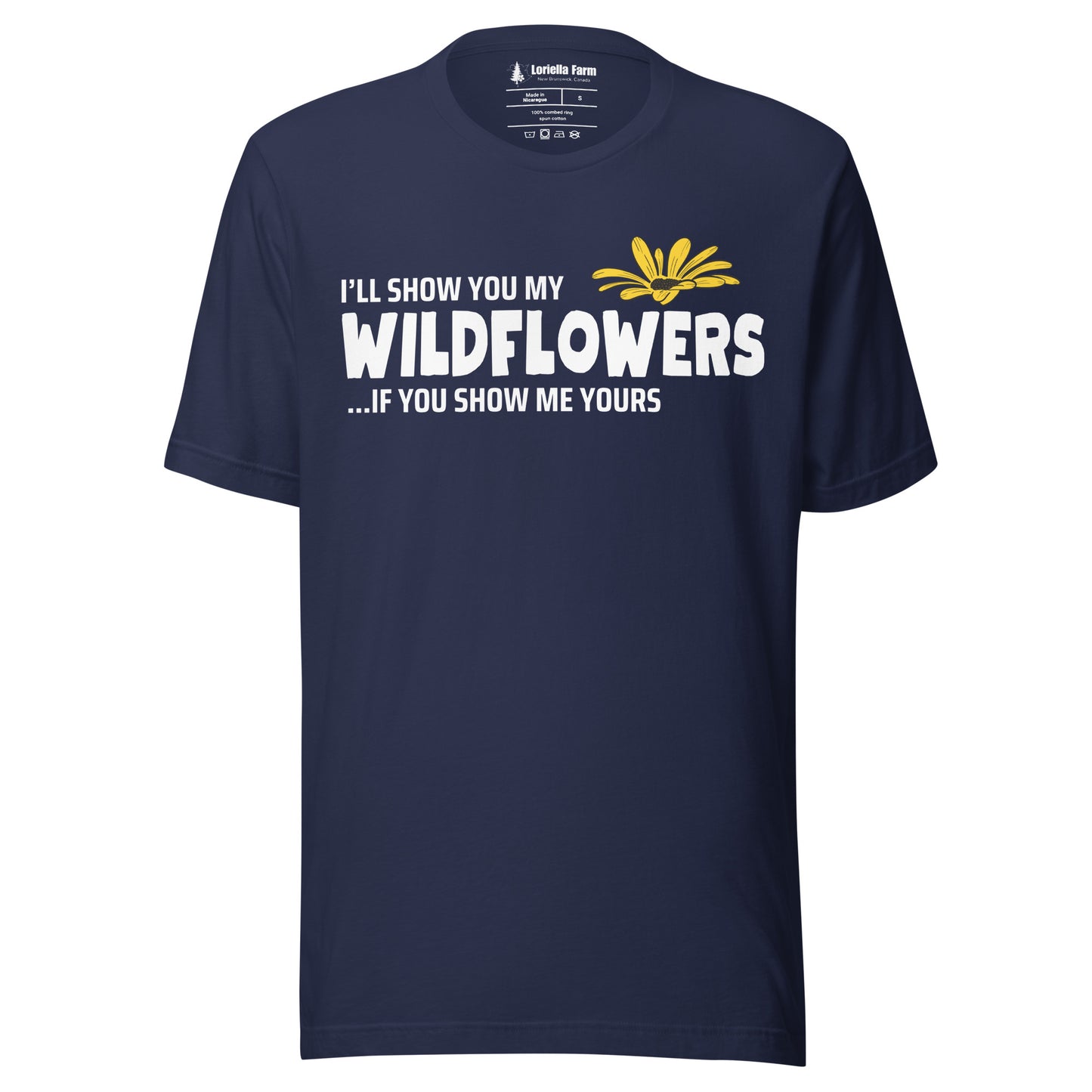 Navy t-shirt with "I'll show you my wildflowers"