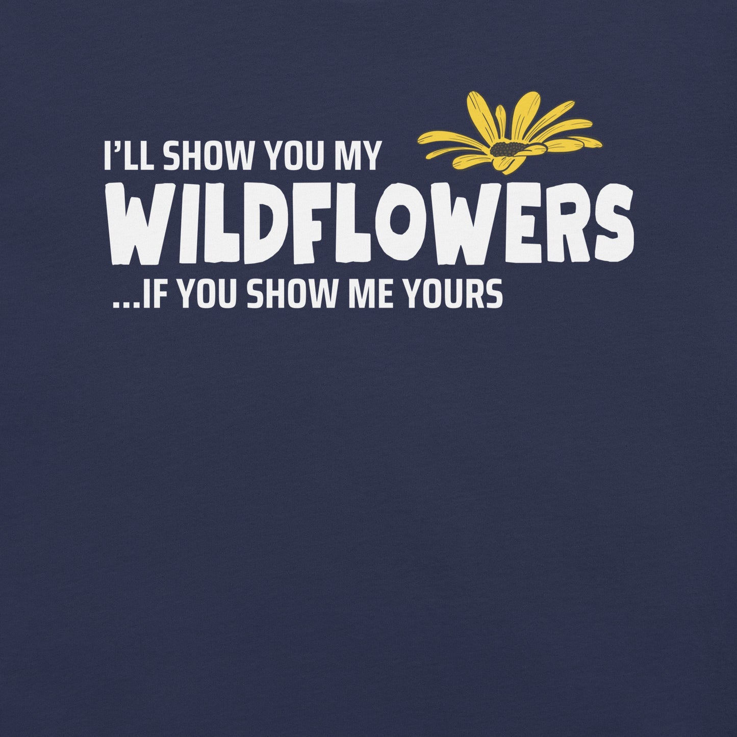 Navy t-shirt with text and flower graphic.