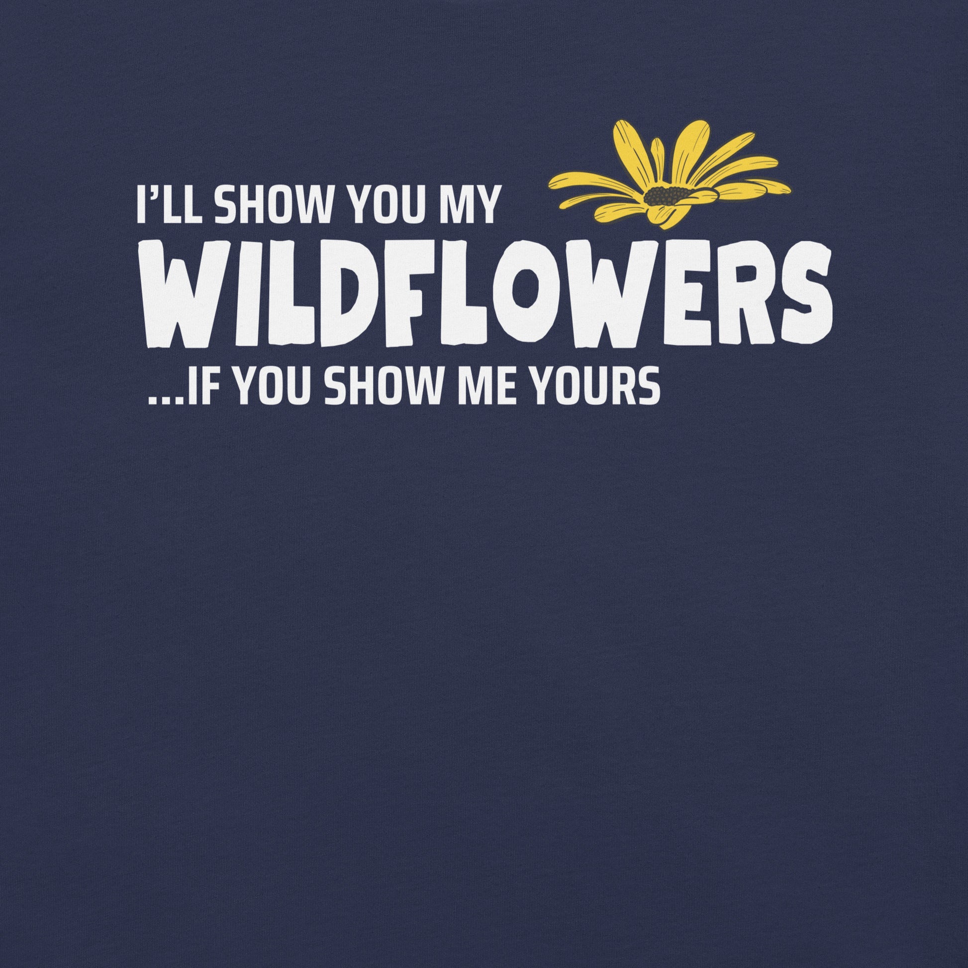 Navy t-shirt with text and flower graphic.