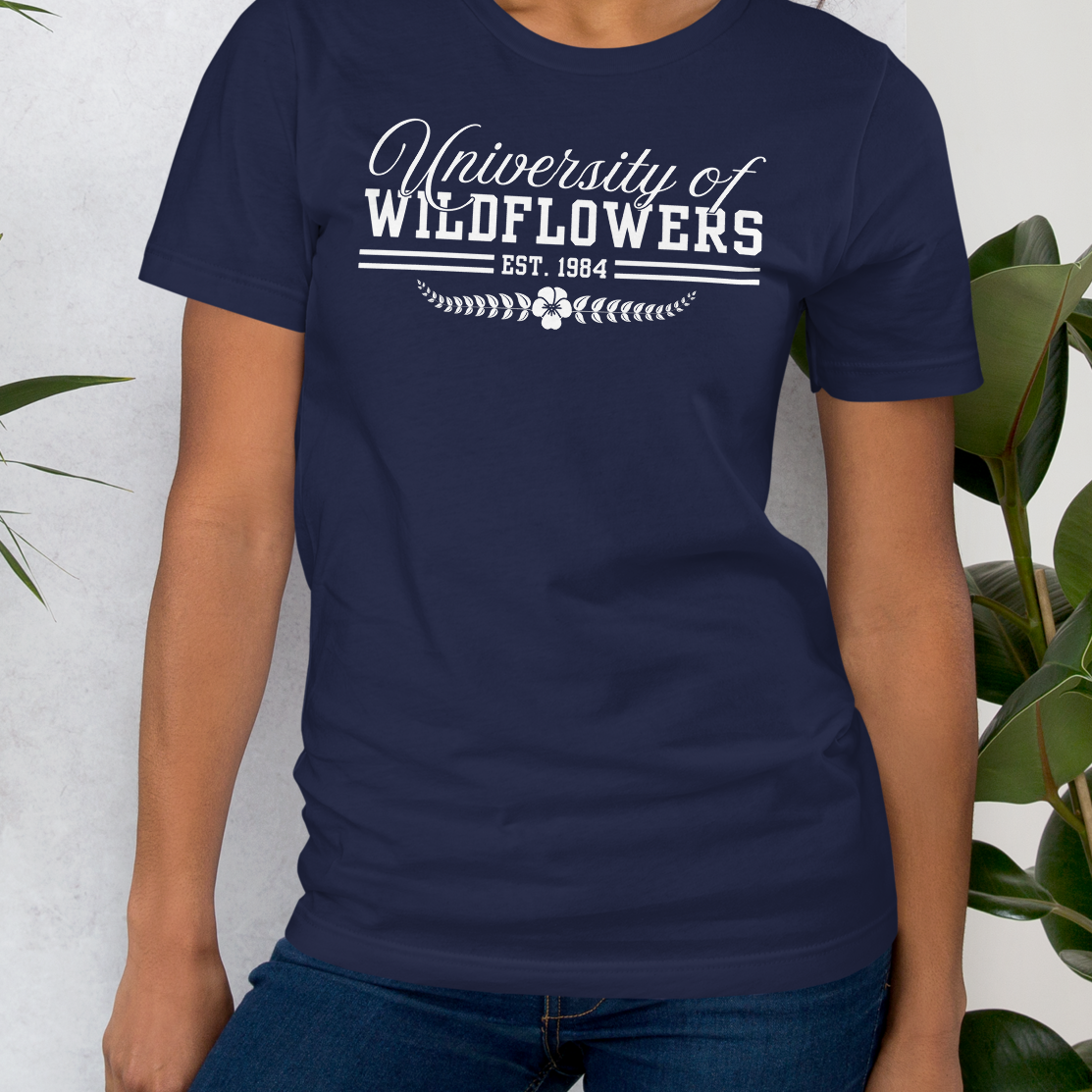 Navy t-shirt with 'University of Wildflowers' text.
