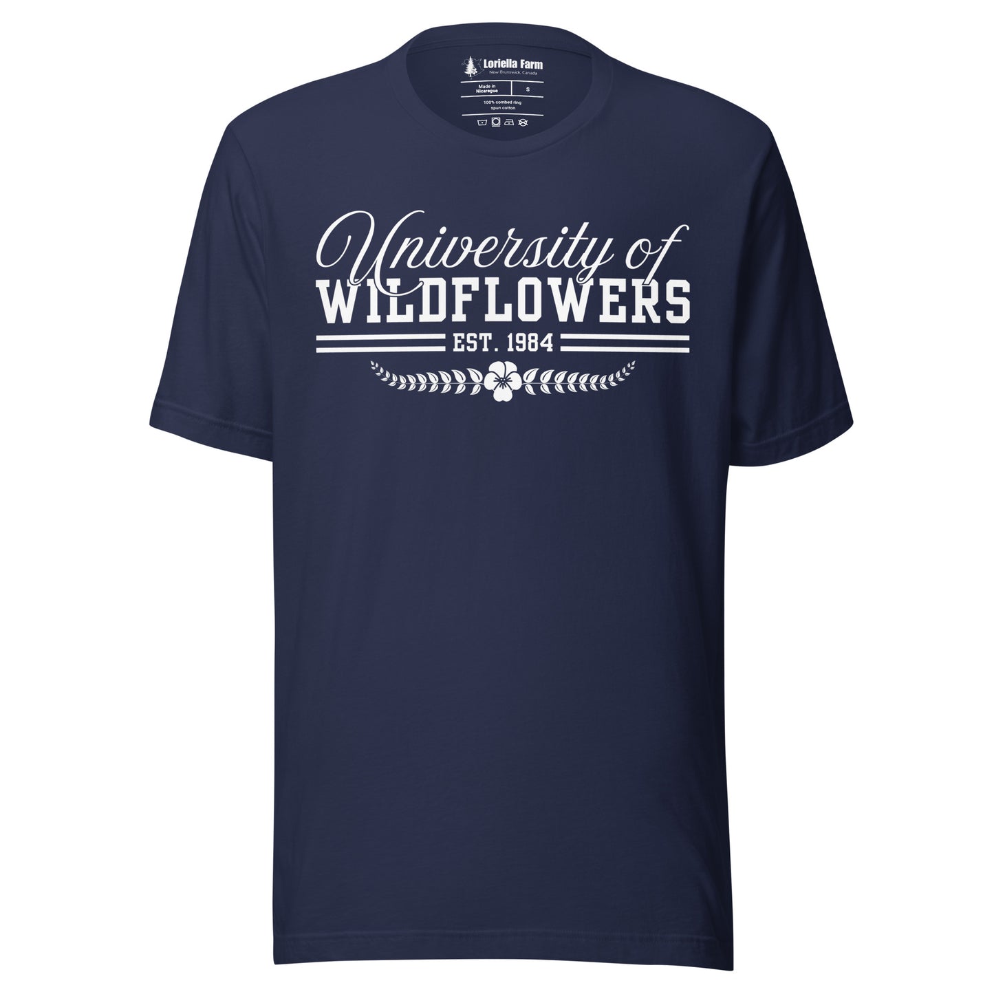 Navy blue t-shirt with 'University of Wildflowers' text.