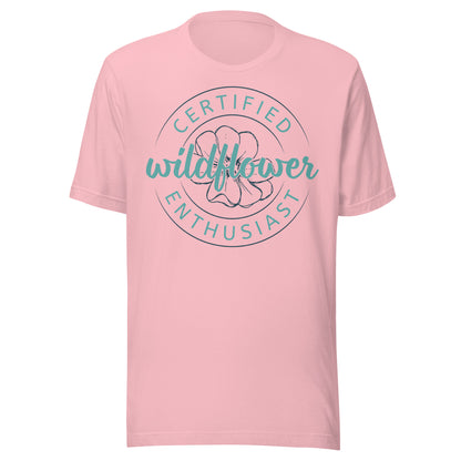 Pink t-shirt with Certified Wildflower Enthusiast badge and a floral design.