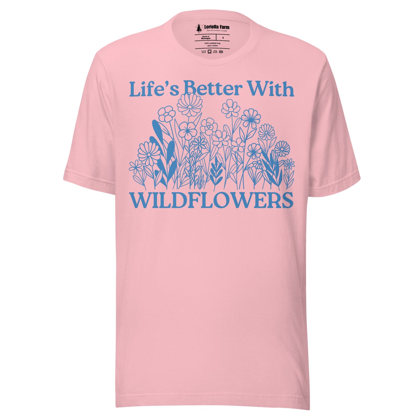 Pink t-shirt with floral design and text.