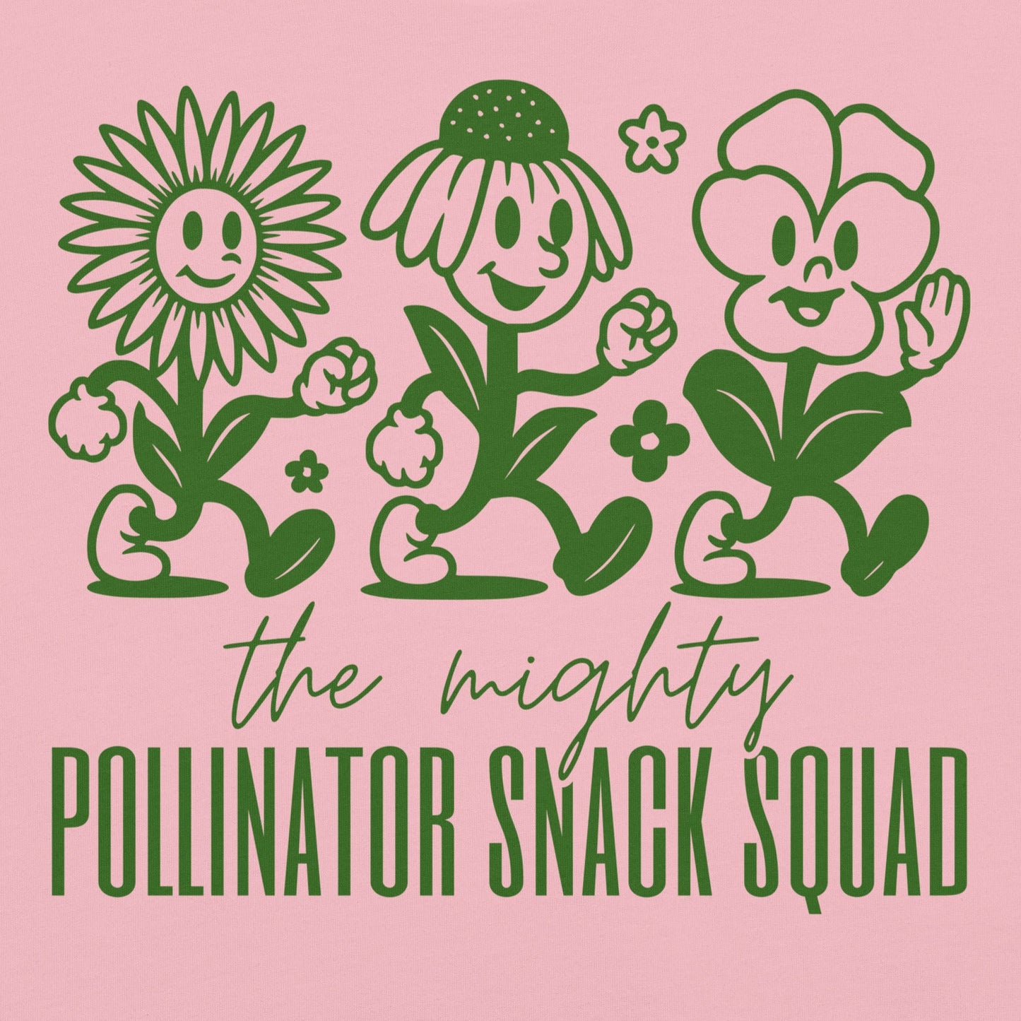 Pink t-shirt with graphic and text 'the mighty Pollinator Snack Squad'.