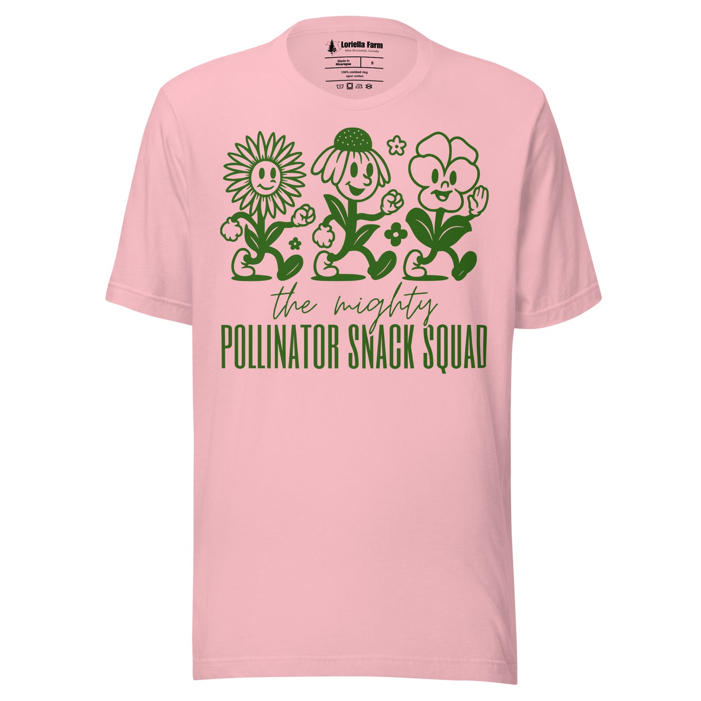 Pink t-shirt with graphic and text 'the mighty Pollinator Snack Squad'.