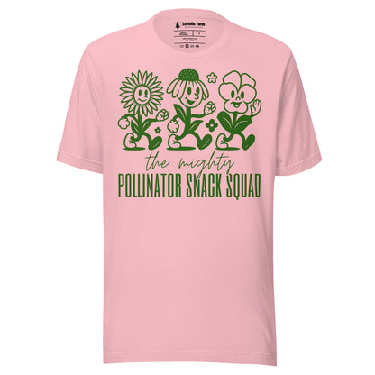 Pink t-shirt with graphic and text 'the mighty Pollinator Snack Squad'.