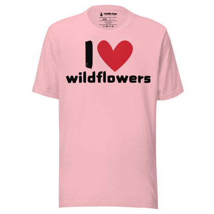 Pink t-shirt with 'I ❤️ wildflowers' text.