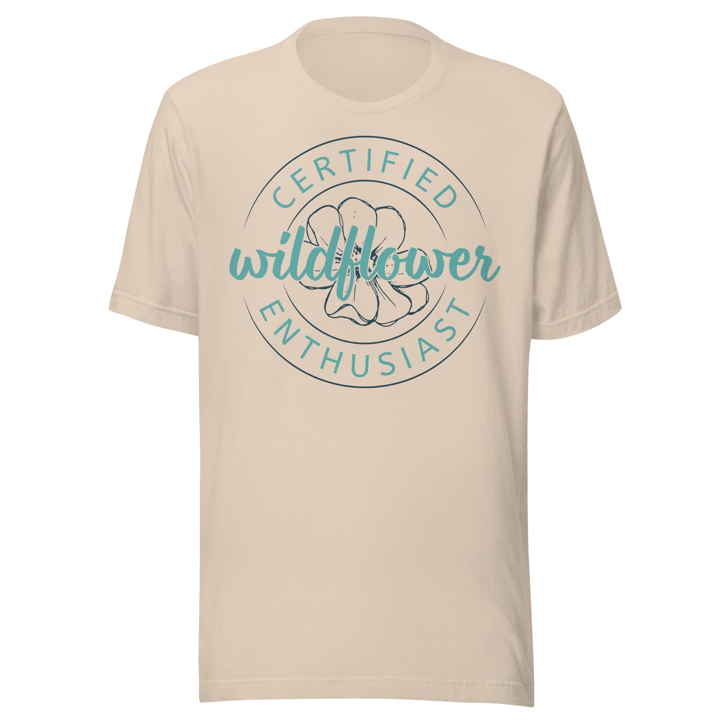 Soft Cream t-shirt with Certified Wildflower Enthusiast badge and a floral design.