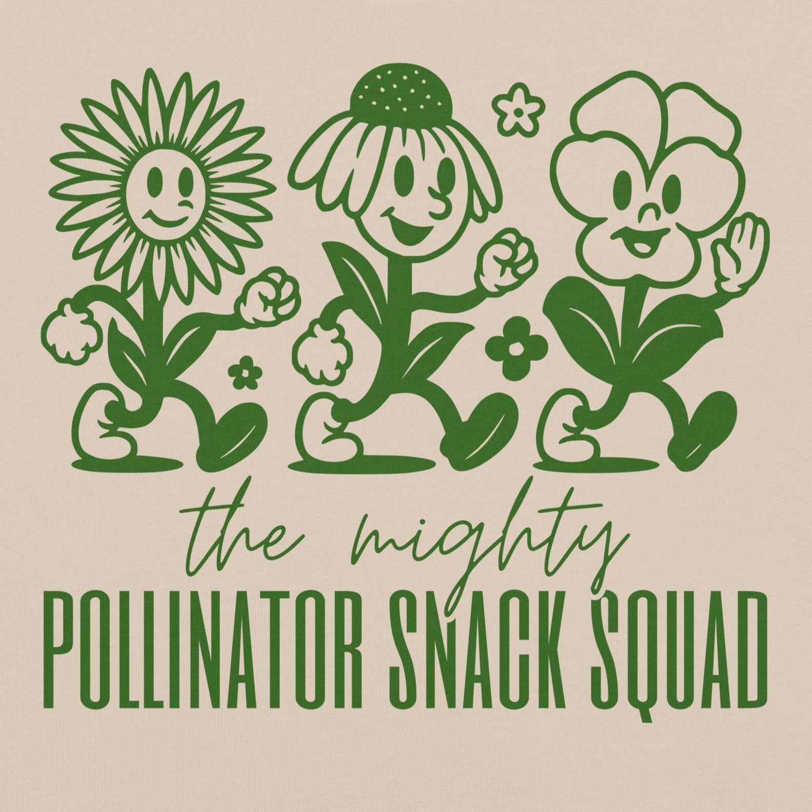 Soft Cream t-shirt with graphic and text 'the mighty Pollinator Snack Squad'.