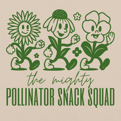 Soft Cream t-shirt with graphic and text 'the mighty Pollinator Snack Squad'.